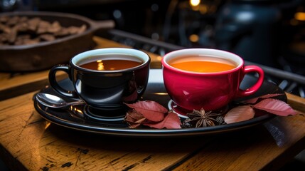 Fototapeta premium Two Cups On Table Lights Background, Background Image, Desktop Wallpaper Backgrounds, HD