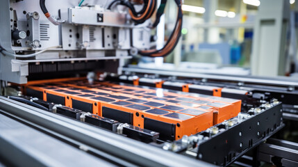 Lithium-ion High-voltage Battery Component for Electric Vehicle or Hybrid Car. Battery Module for Automotive Industry on Production Line. High Capacity Battery on Conveyor.