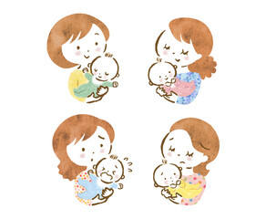 赤ちゃんを抱っこする、色々な表情のお母さんたちの上半身手描きイラストセット