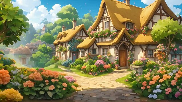 wander through winding streets Fairy Tale Village, whimsical cottages with thatched roofs flowerfilled gardens line path. Each house more enchanting than last, with 2d animation