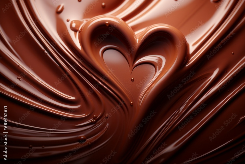 Poster melted chocolate in the shape of a heart. background with selective focus and copy space