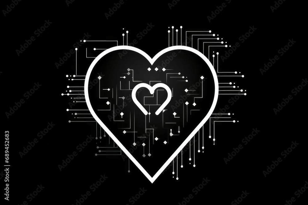 Fototapete computer with heart shaped cpu chip. drawing style. black background with selective focus and copy s