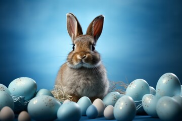 Fototapeta na wymiar Easter bunny with eggs on a blue studio background with selective focus and copy space