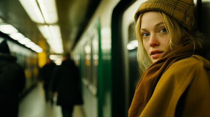 Fototapeta na wymiar Young Woman Waiting in Subway Station