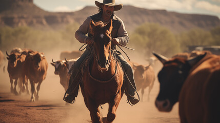 Cowboy Herding Cattle in Dusty Landscape - obrazy, fototapety, plakaty