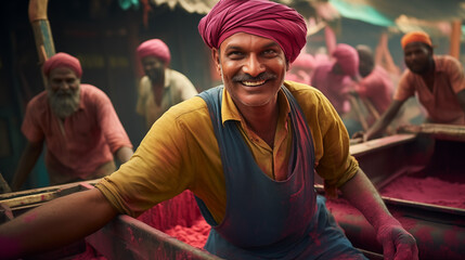 Joyful Worker in Indian Color Powder Factory
