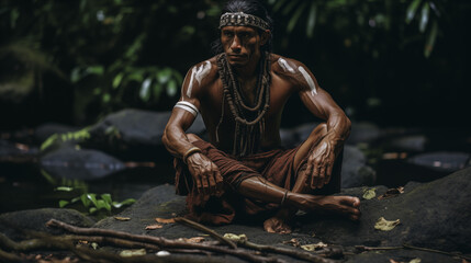 Indigenous Man Seated in Tropical Rainforest