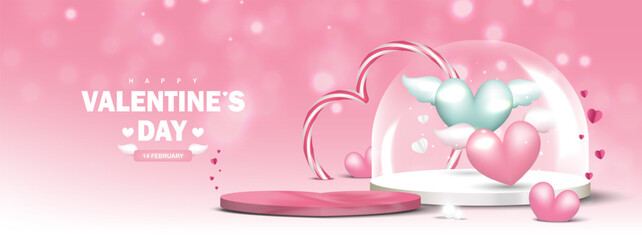 Fototapeta premium Valentine day background. Pink platform for product show with heart balloons floating in glass dome, love elements on soft pink background. Vector illustration.