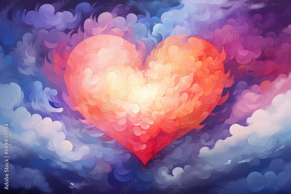 Poster abstract heart in the sky with clouds. background with selective focus and copy space