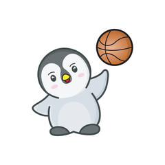 little penguin playing basketball, vector illustration.