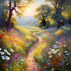 A sunlit path through a vibrant wildflower meadow.