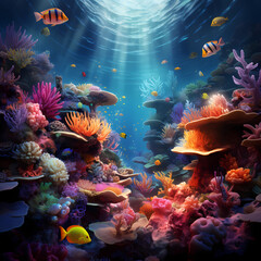 Fototapeta na wymiar A surreal underwater scene with colorful coral reefs