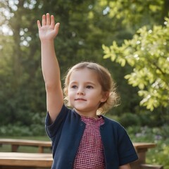 Candid shot of a child confidently raising their hand in a outdoor learning environment