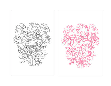 Rose flower one line vector art drawing , rose bouquet vector line, garden roses with leaves black and pink color in white background, rose outline, continue line art for frame design or cover design 
