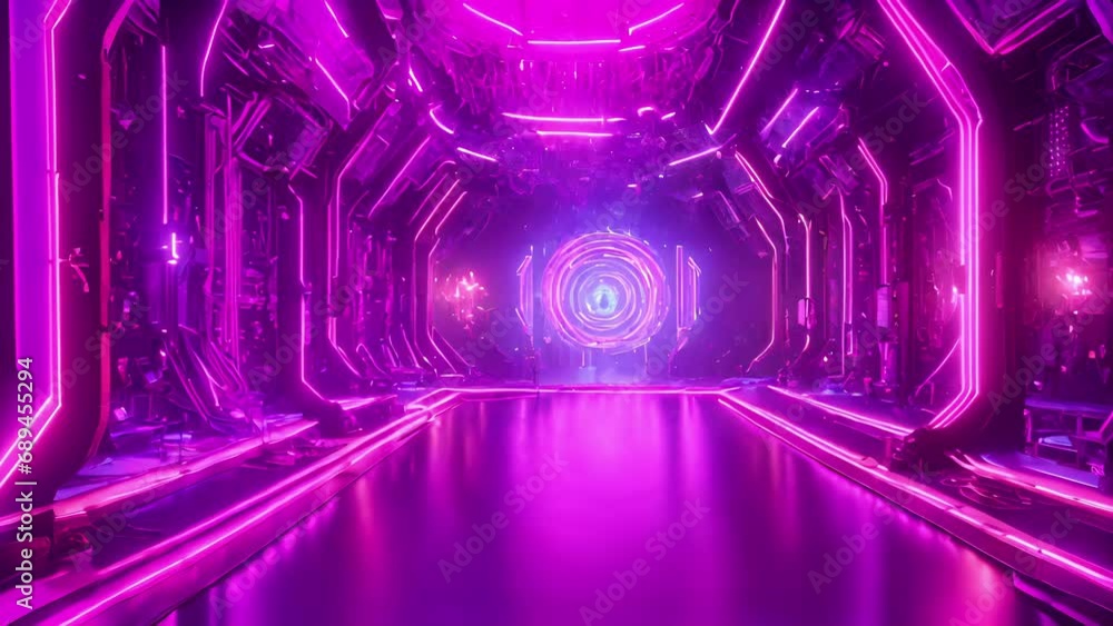 Poster step through doors mindupload sanctuary, greeted symphony neon lights futuristic technology. walls a