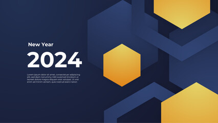 Fototapeta premium Happy new year 2024 celebration background. vector art and illustration for, landing page, template, web, mobile app, poster, banner, flyer. Blue and yellow abstract minimal modern happy new year 2024