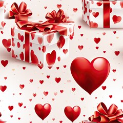 Seamless pattern of red hearts and gift boxes with ribbons.