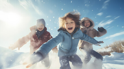 Three kids Children jump and tumble in the snow, throwing snowballs and throwing snow among themselves. Winter childhood games. Active outdoors leisure with children in winter - obrazy, fototapety, plakaty