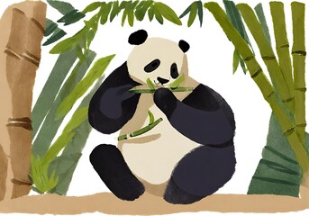 Illustration of a cute panda eating bamboo surrounded by greenery.