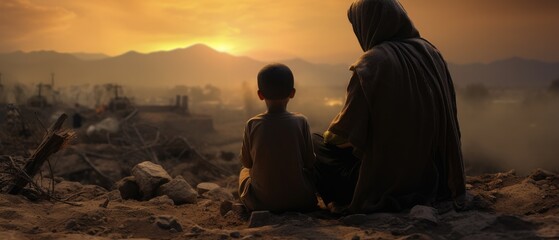 Woman and child enjoying sunset over cityscape. Family time and reflection.