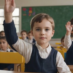 Close-up shot of a child raising their hand eagerly in a classroom setting