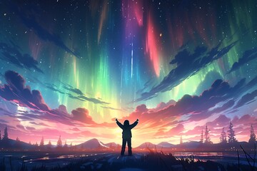  man on a wide plain pointed at the auroral sky - obrazy, fototapety, plakaty