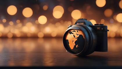 A camera with a world map projection on its lens, against a bokeh light background, symbolizing global photography or travel. - obrazy, fototapety, plakaty
