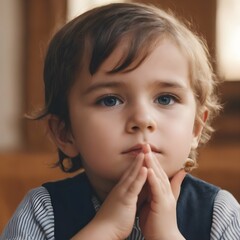 Fototapeta premium Close-up shot of a child with their hand half-raised, thinking before answering a question