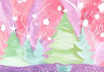 Abstract watercolor painting of whimsical Christmas trees with stars and snowflakes on a pastel background.