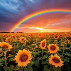 A vibrant rainbow over a field of blooming sunflowers