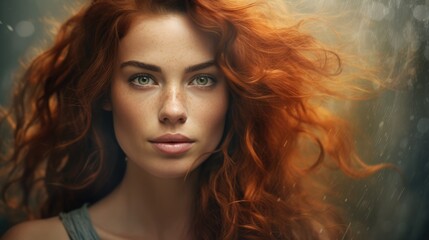 Fototapeta premium Golden fashion girl portrait. Wavy red hair.