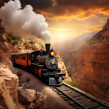 A vintage steam locomotive chugging through a canyon