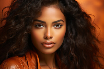 Naklejka premium A vibrant Colombian woman, her skin glowing with a rich bronze hue