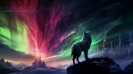 wild wolf silhouetted against a mesmerizing aurora borealis night sky






