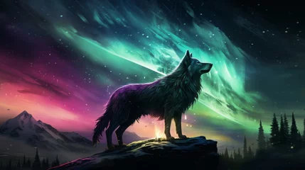 Foto op Canvas wild wolf silhouetted against a mesmerizing aurora borealis night sky       © Ashi