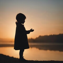 Fototapeta premium Silhouette shot of a child standing against a bright background, with their hand raised