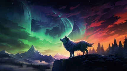 Foto op Canvas wild wolf silhouetted against a mesmerizing aurora borealis night sky       © Ashi