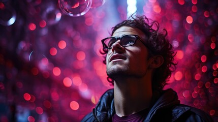 man in glasses standing on pink neon light