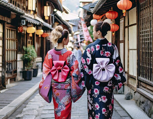 日本の古い街並みを着物を着て歩く外国人観光客