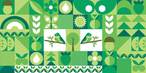 Geometric mosaic depicting abstract nature. Minimalistic shapes. Bauhaus .Seamless pattern. Trees, fruits, flowers, birds. Vector illustration