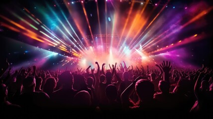 Fototapeta na wymiar silhouette of concert crowd in front of bright stage lights. Dark background, smoke, concert spotlights