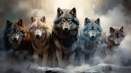 majestic wolf pack embracing the spirit of the wilderness in isolated black smoke - mystical wildlife concept - obrazy, fototapety, plakaty
