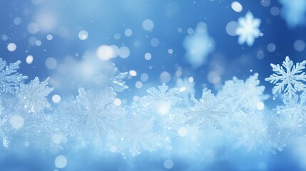 Delicate snowflakes drift across a shimmering blue background, evoking the chilly beauty of a winter's day with a sense of calm and wonder.