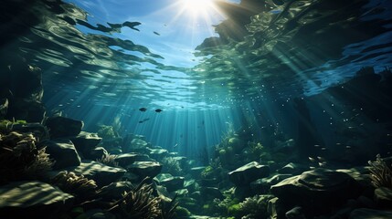 Underwater scene illuminated by beams of sunlight piercing through the water's surface, highlighting the vibrant marine life and rocks below.