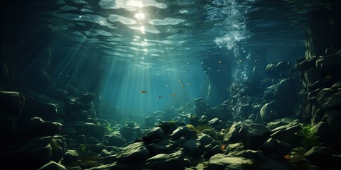 A captivating underwater scene where sunlight cascades through the water, illuminating the rocky sea bed and the small fish that inhabit this tranquil underwater world. - obrazy, fototapety, plakaty
