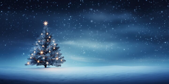 A lone Christmas tree stands adorned with lights against the backdrop of a starlit winter night, offering a classic and peaceful holiday image.