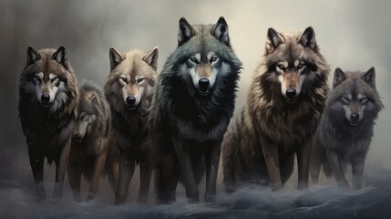 majestic wolf pack embracing the spirit of the wilderness in isolated black smoke - mystical wildlife concept © Ashi