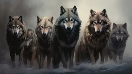 Poster majestic wolf pack embracing the spirit of the wilderness in isolated black smoke - mystical wildlife concept © Ashi