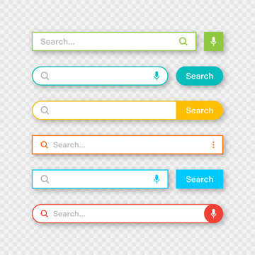 Colorful search bar templates. Internet browser engine with search box, address bar and text field. UI design, website interface element with web icons and push button. Vector illustration