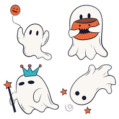 Retro Ghost Halloween With Cute Cartoon Design. Vector Icon Set.